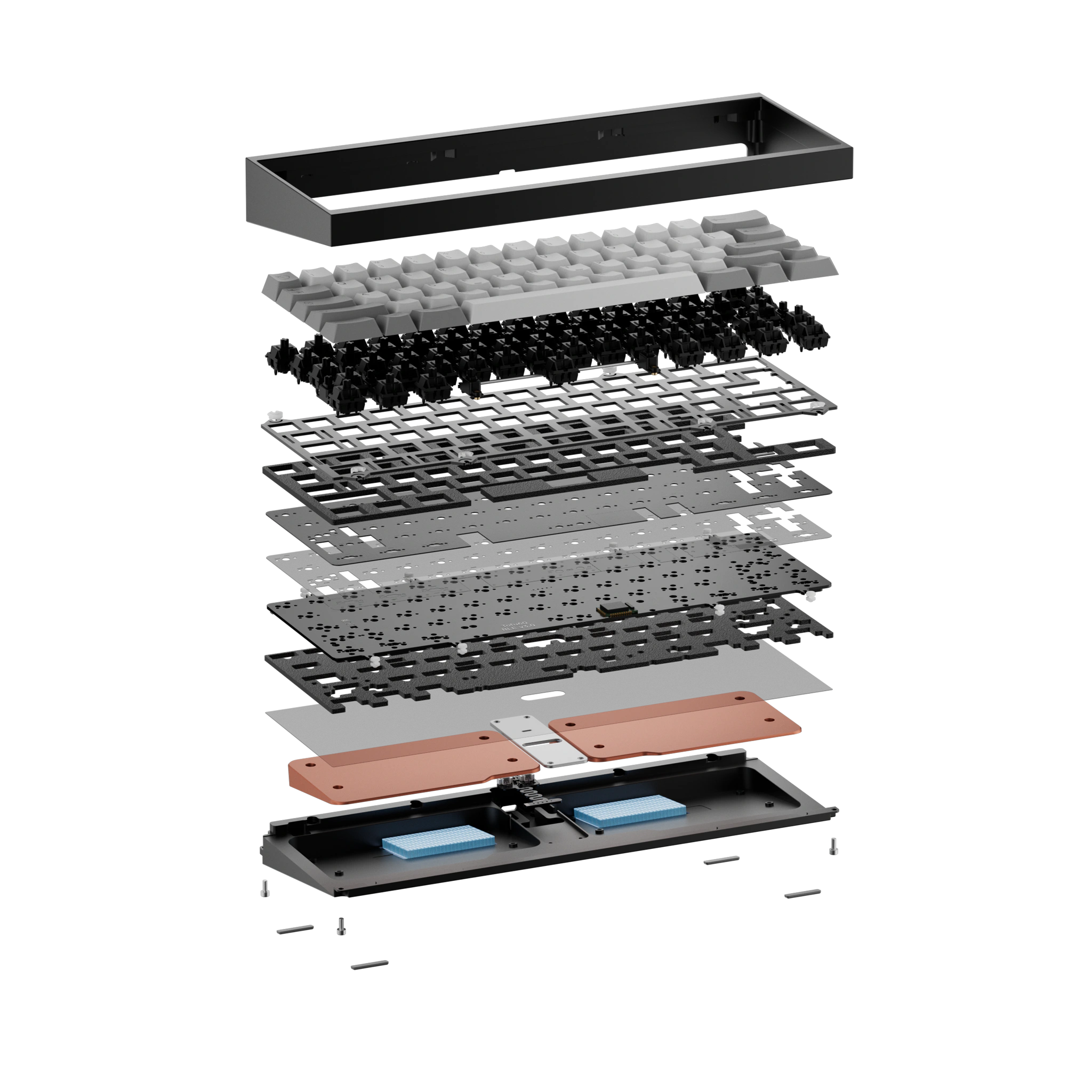 Exploded view showing the layered components inside a mechanical keyboard